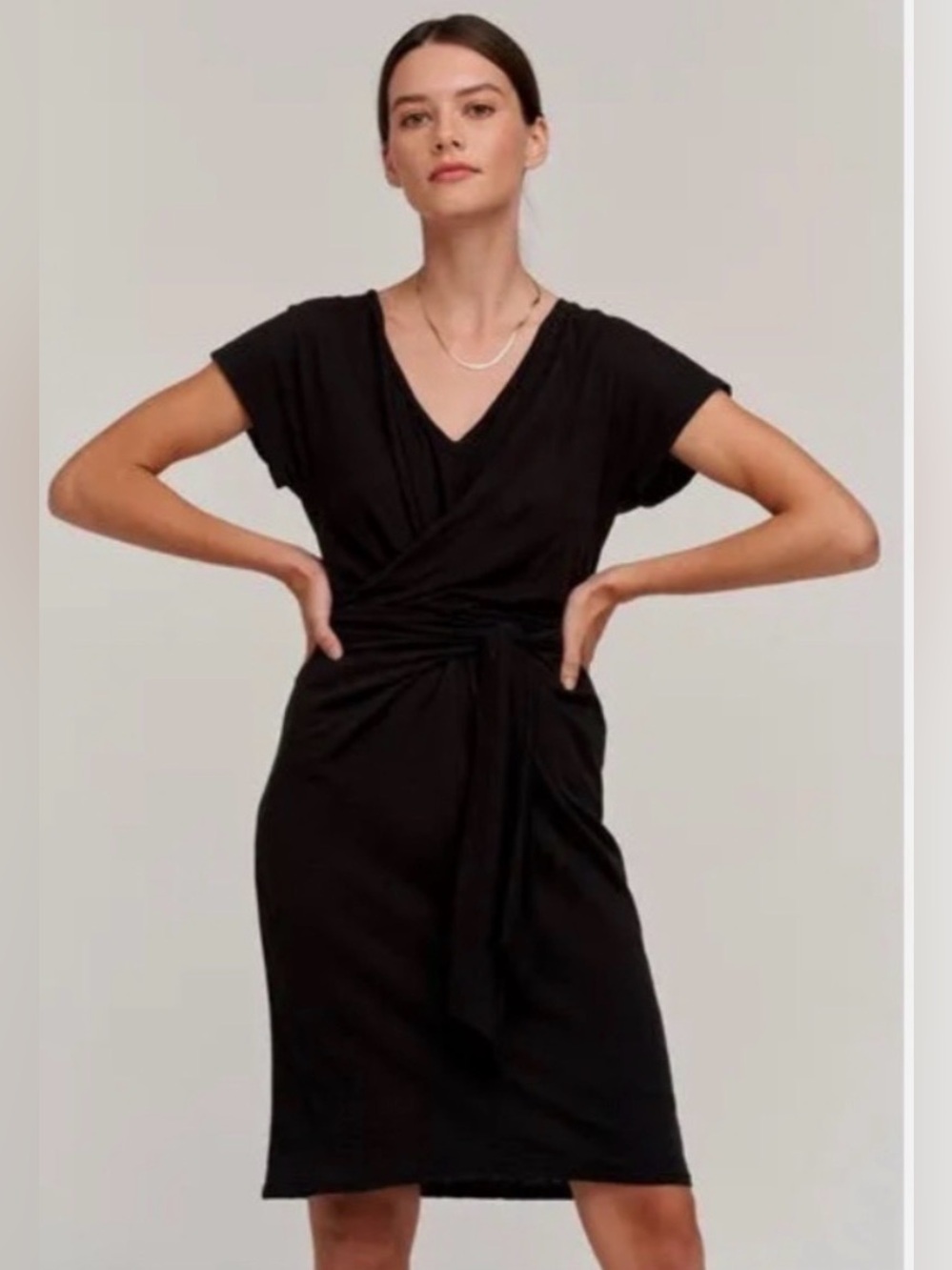 Velvet by Graham & Spencer V-neck tie waist Dress in vintage slub black cotton